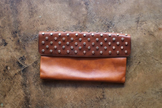 70's Leather Clutch / Bohemian Studded Purse / La… - image 1