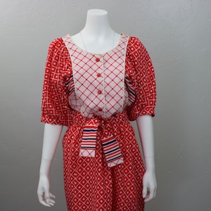 70&#39;s Puff Sleeve DRESS / Red and White Dress / Vintage Patterned Midi Dress / Women&#39;s