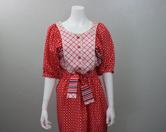 70's Puff Sleeve DRESS / Red and White Dress / Vintage Patterned Midi Dress / Women's