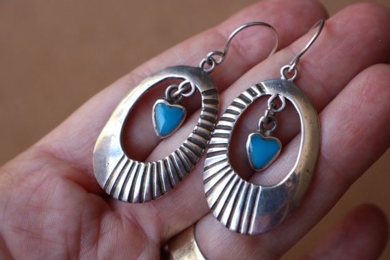 Sterling Heart Earrings / Vintage Blue and Silver… - image 3