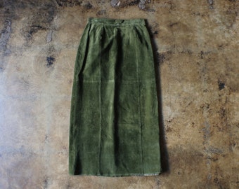 Olive Green Suede Skirt / Long Leather Pencil Skirt / Women's Medium