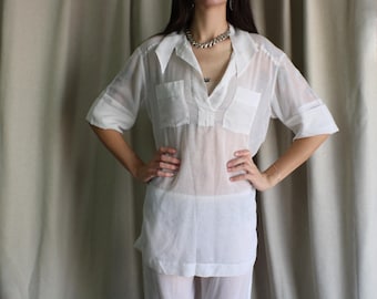 Conjunto de dos piezas blanco de los años 70, con camisa y pantalón transparentes, vaporoso, talla pequeña para mujer