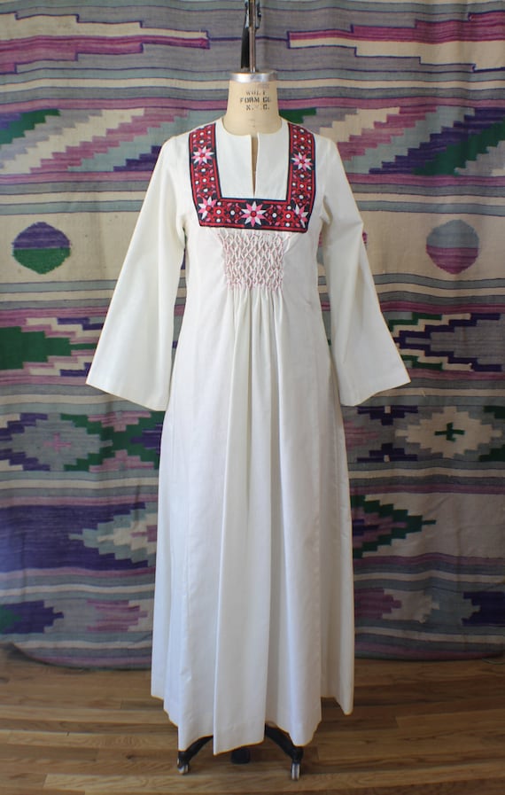 1970's Cotton Maxi Dress / Embroidered Bell Sleeve
