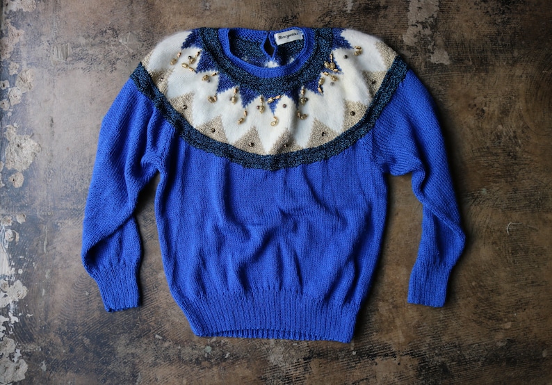 Angora Sweater  Royal Blue White Beaded Jumper  Vintage Women/'s Lavish Sweater  Medium