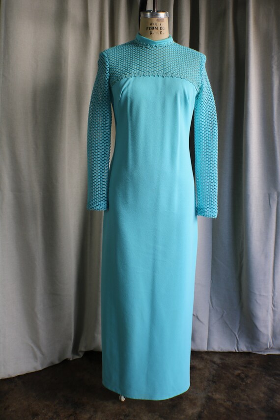 70's Turquoise Gown / Vintage Net Long Sleeve Max… - image 3
