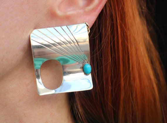 Modernist Turquoise EARRINGS / Large Silver Earri… - image 1