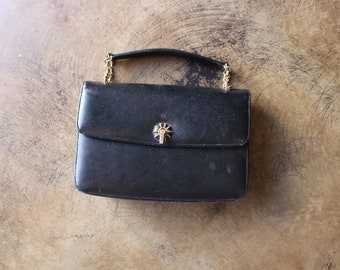 50's Black Purse / Structured Handbag / Vintage Top Chain Handle Purse