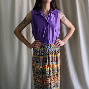60&#39;s Printed Maxi Dress  / Metallic Purple Sleeveless Dress / Vintage Party Dress Medium