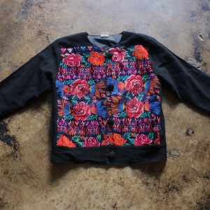 Vintage Guatemalan Cotton Jacket, Bohemian Outerwear / Colorful Woven Floral and Black Jacket / Women&#39;s Large