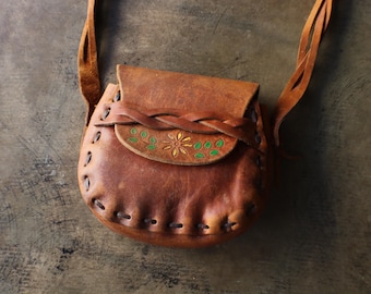 Vintage Boho Leather Purse, Flower Child Handbag, Brown Bag