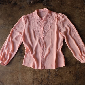 Vintage Pink Blouse / Embroidered Lace Long Sleeve Button Up Shirt / Women&#39;s Medium