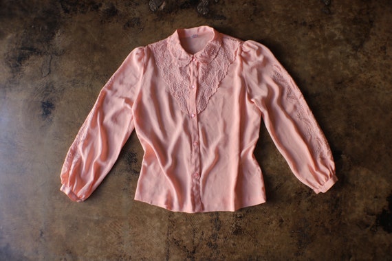 Vintage Pink Blouse / Embroidered Lace Long Sleev… - image 1