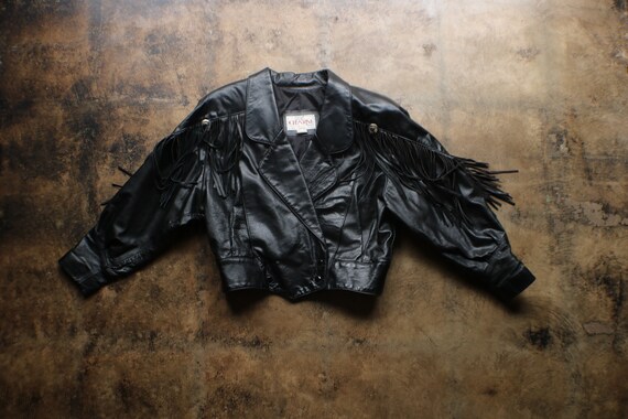 Black Leather Fringed Jacket / Vintage Motorcycle