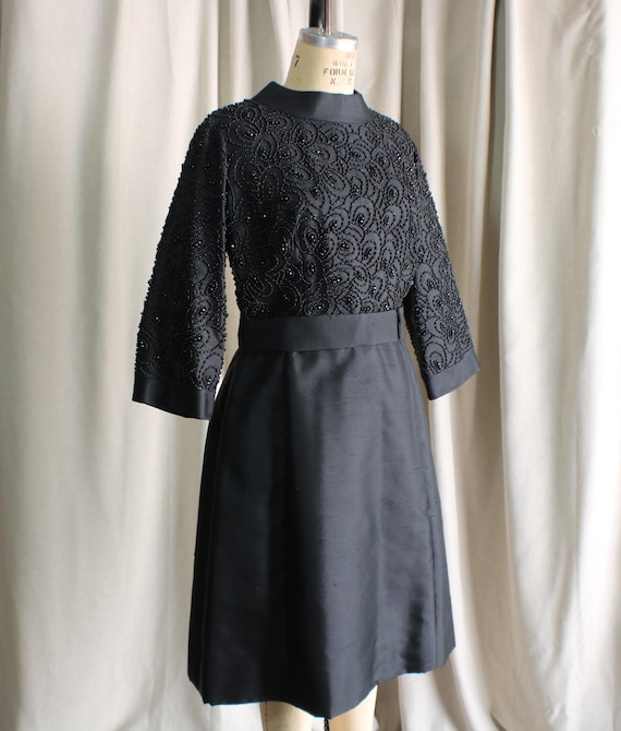 Vintage Black Silk Dress , Beaded Evening Dress ,… - image 1
