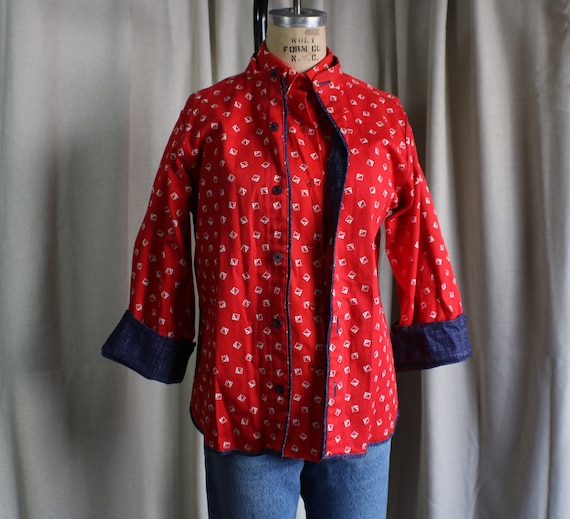 70's Denim Print Jacket and Shirt / Red White and… - image 2