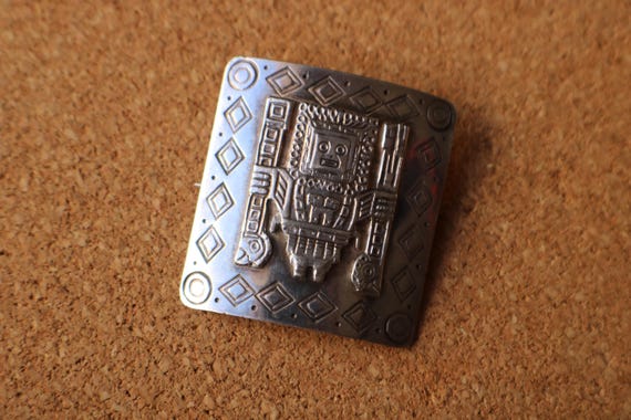 Vintage Sterling Mayan Brooch , Square Inca Pin View 3