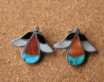 Zuni Style EARRINGS / Vintage Multi Stone Jewelry / Southwest Clip On Earrings