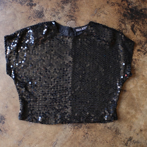 Black Sequin Top / Silk Sparkly Blouse / Medium to Large