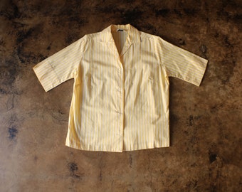 1960's Women's Blouse / Yellow and White Striped Cotton Shirt / Vintage Women's Medium