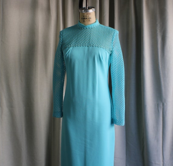 70's Turquoise Gown / Vintage Net Long Sleeve Max… - image 2