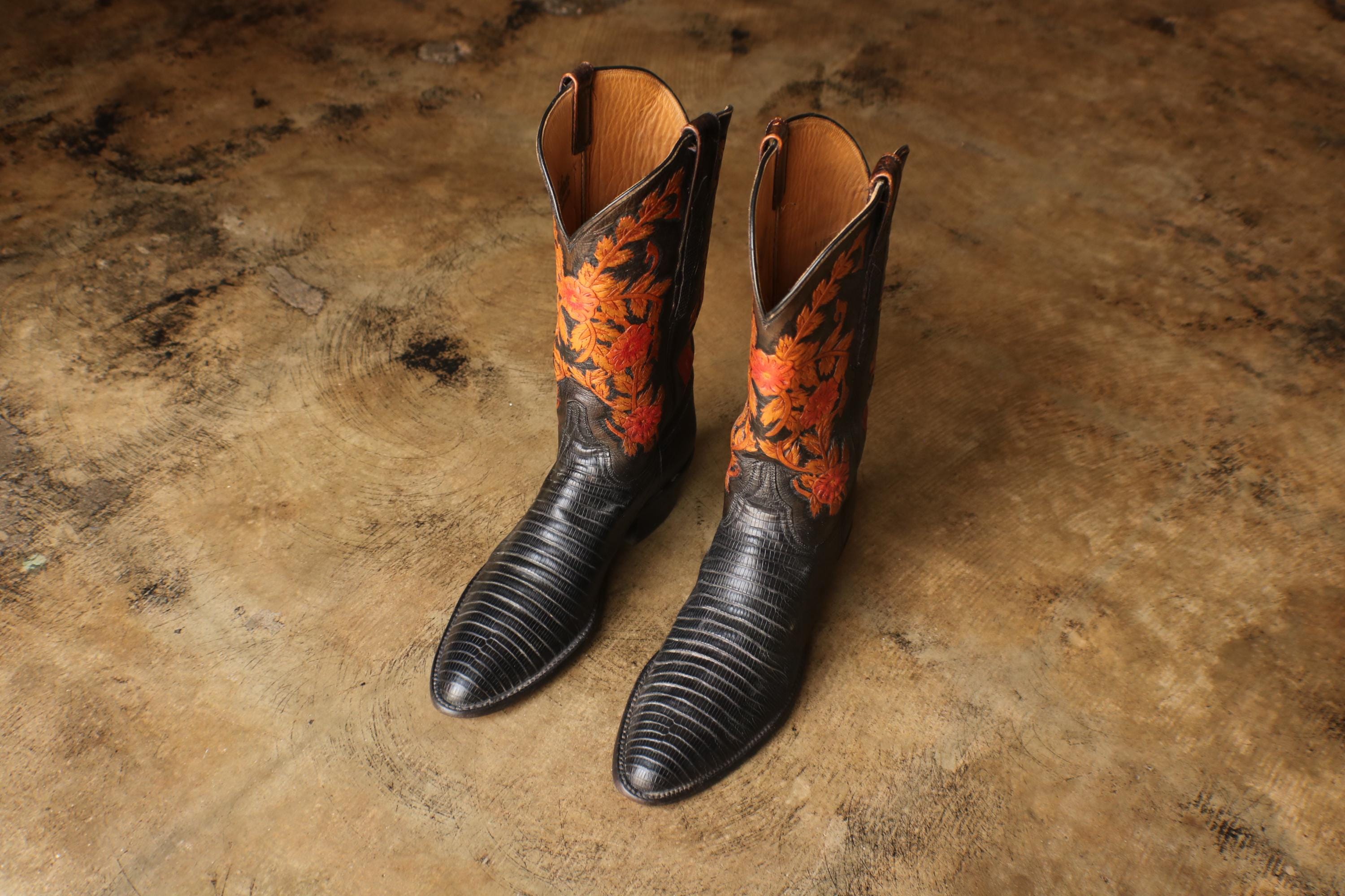 Lucchese Tan and Black Embossed Leather Lizard Western Boots Lucchese Men main image 3