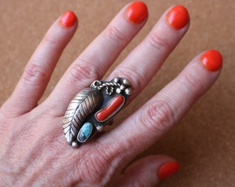 Large Southwest Ring / Turquoise Coral RING / Vintage Southwest Sterling Jewelry / Large Size 8 Ring
