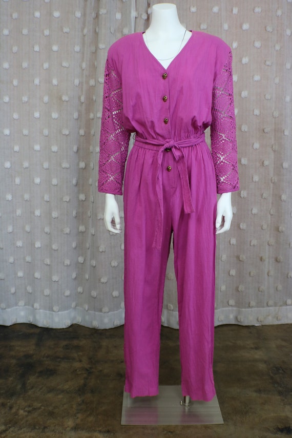 Vintage Fuchsia Jumpsuit / 80's Cotton Pant Jumps… - image 2