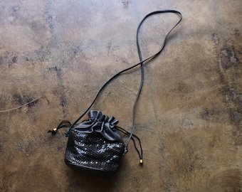 Black Chain Mail Purse / Vintage Draw String Faux Leather Bag / 90's Purse