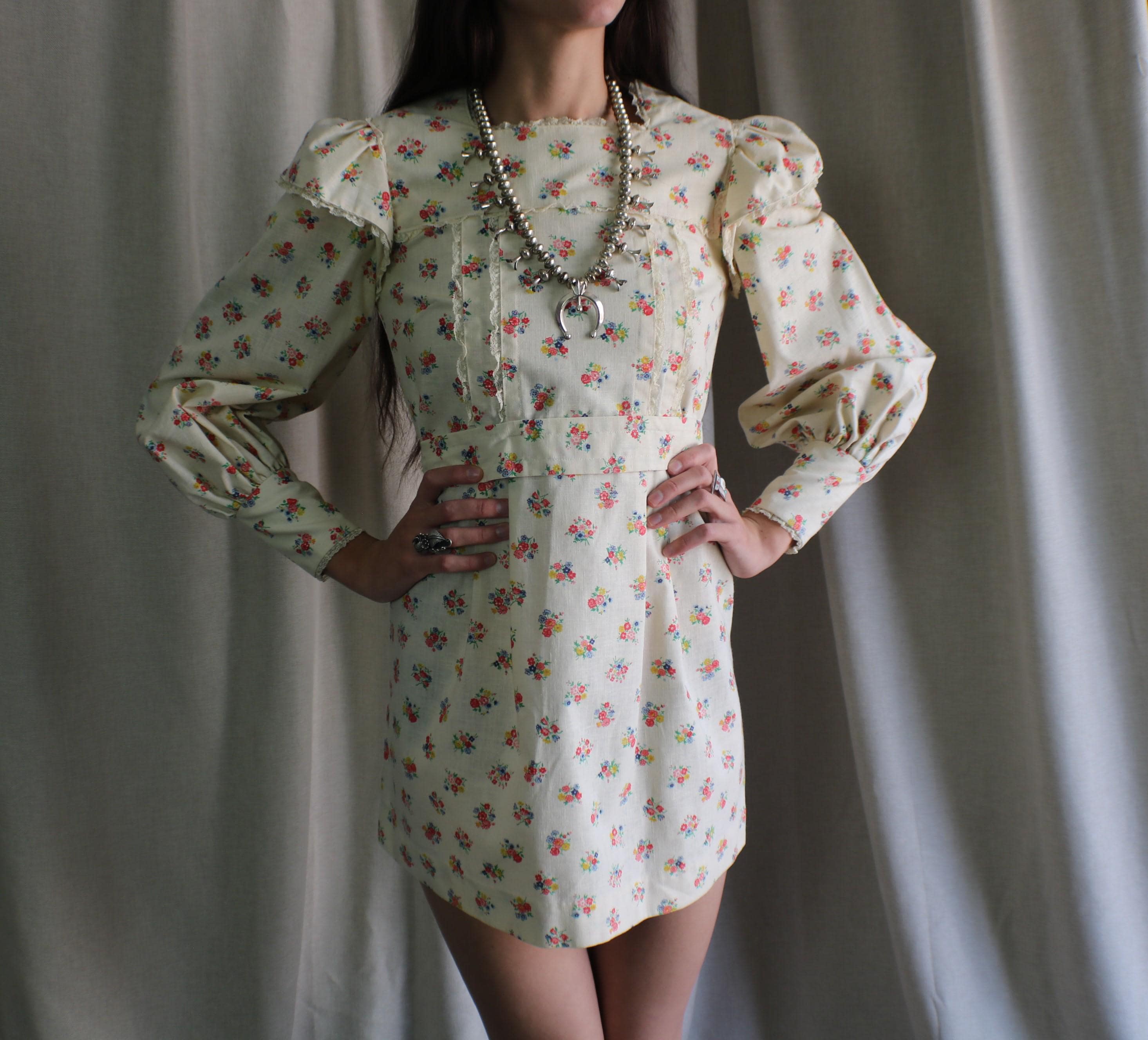 Vintage 70's Long Sleeve Mini Dress, Women's Small Cottage Core