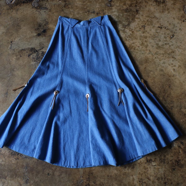 Vintage Denim Skirt /High Waist Midi Skirt with Conchos / Southwest Style