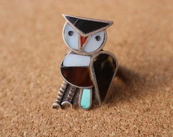 Owl  Ring / Southwest Bird Jewelry / Southwest Sterling Silver Stone Inlay Ring / Size 5 3/4