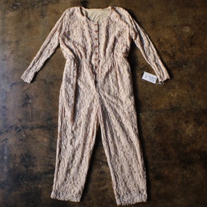 Cream Lace Jumpsuit / Vintage 90&#39;s Lace Romper / Button Front Long Sheer Sleeve Jumpsuit