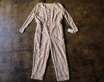 Cream Lace Jumpsuit / Vintage 90's Lace Romper / Button Front Long Sheer Sleeve Jumpsuit