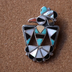 Hopi Vogel Brosche / Thunderbird Brosche / Vintage Southwestern Anstecknadel / Sterling Silber und Intarsien Schmuck