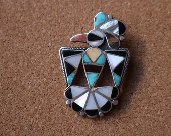 Hopi Bird Brooch / Thunderbird Brooch / Sterling Silver and Inlay Jewelry / Vintage Southwest Pin