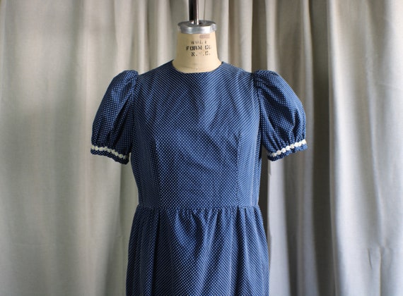 Vintage 70's Swiss Dot Maxi Dress, Navy Blue and … - image 1