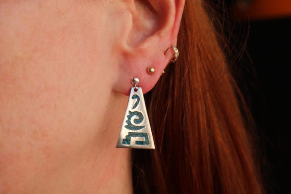 Vintage Dangling Sterling Earrings , Blue and Silver Taxco Jewelry
