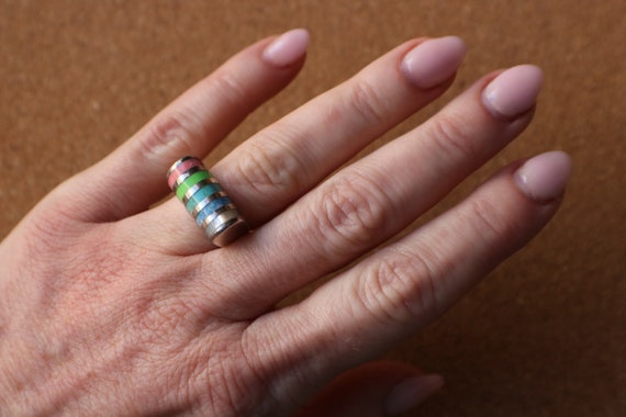 Sterling Rainbow RING / Raised Silver Band / Vint… - image 1