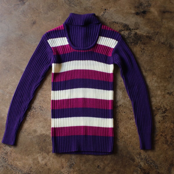 1970's Striped Sweater / Vintage Knit Turtle Neck / Women's Acrylic Purple Sweater