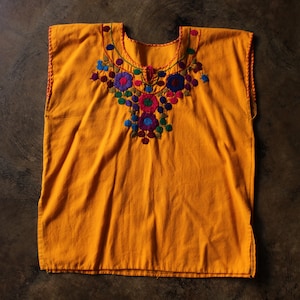 Vintage Yellow Embroidered Blouse / Cotton Tunic with Floral Embroidery
