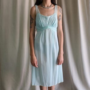 Vintage Blue Slip /  Women's Baby Blue Nightie / Sleeveless Lace Bust Lingerie
