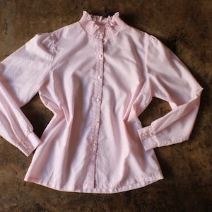 Ruffled Pink Blouse / Vintage Women&#39;s Button Front Top /  Large High Neck Shirt