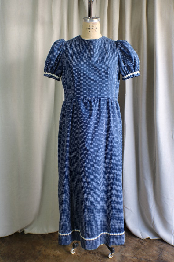 Vintage 70's Swiss Dot Maxi Dress, Navy Blue and … - image 2