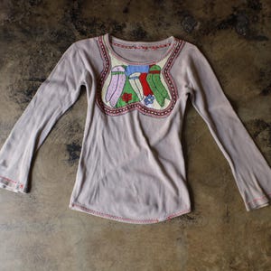 70&#39;s Embroidered Shirt / Long Sleeve Vintage T Shirt / Bohemian Women&#39;s Small
