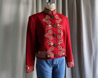 Red Wool Soutache Jacket /  Cropped Western Women's Jacket Medium