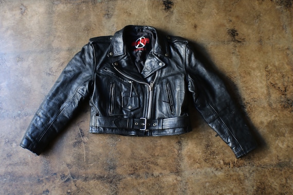 Black Leather Motorcycle Jacket / Vintage Cropped