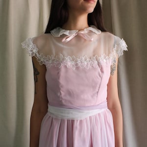 Organza Party Dress / Vintage Pink and White Evening Dress / Small Women&#39;s Ruffle Neck Dress
