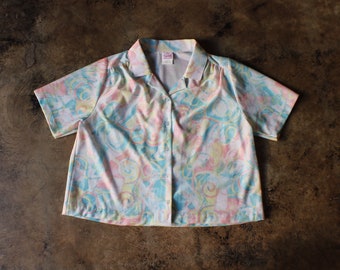 Vintage Boxy Cropped Button Up Shirt / Women's Extra Large Pastel Print Top