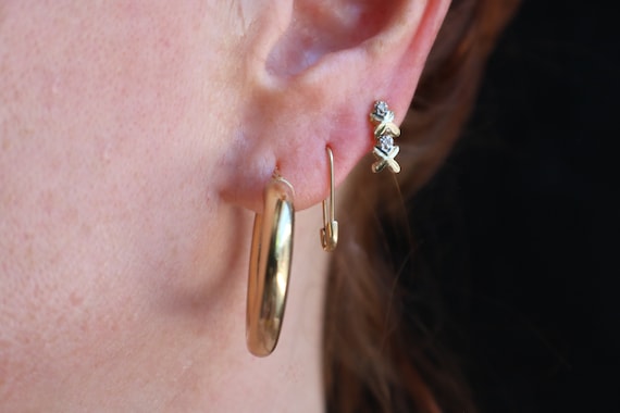 Yellow Gold X Earrings  / Dangling Diamond Earrin… - image 1