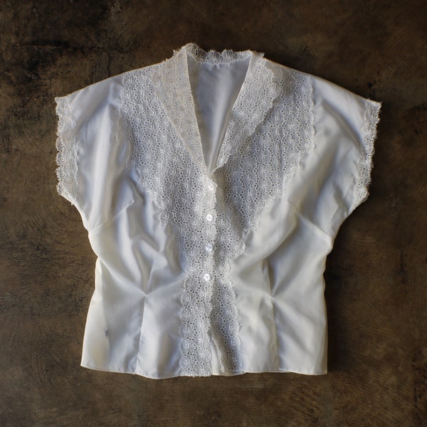 1950's White Lace Blouse / Sheer Vintage Shirt / Women's Small to Medium